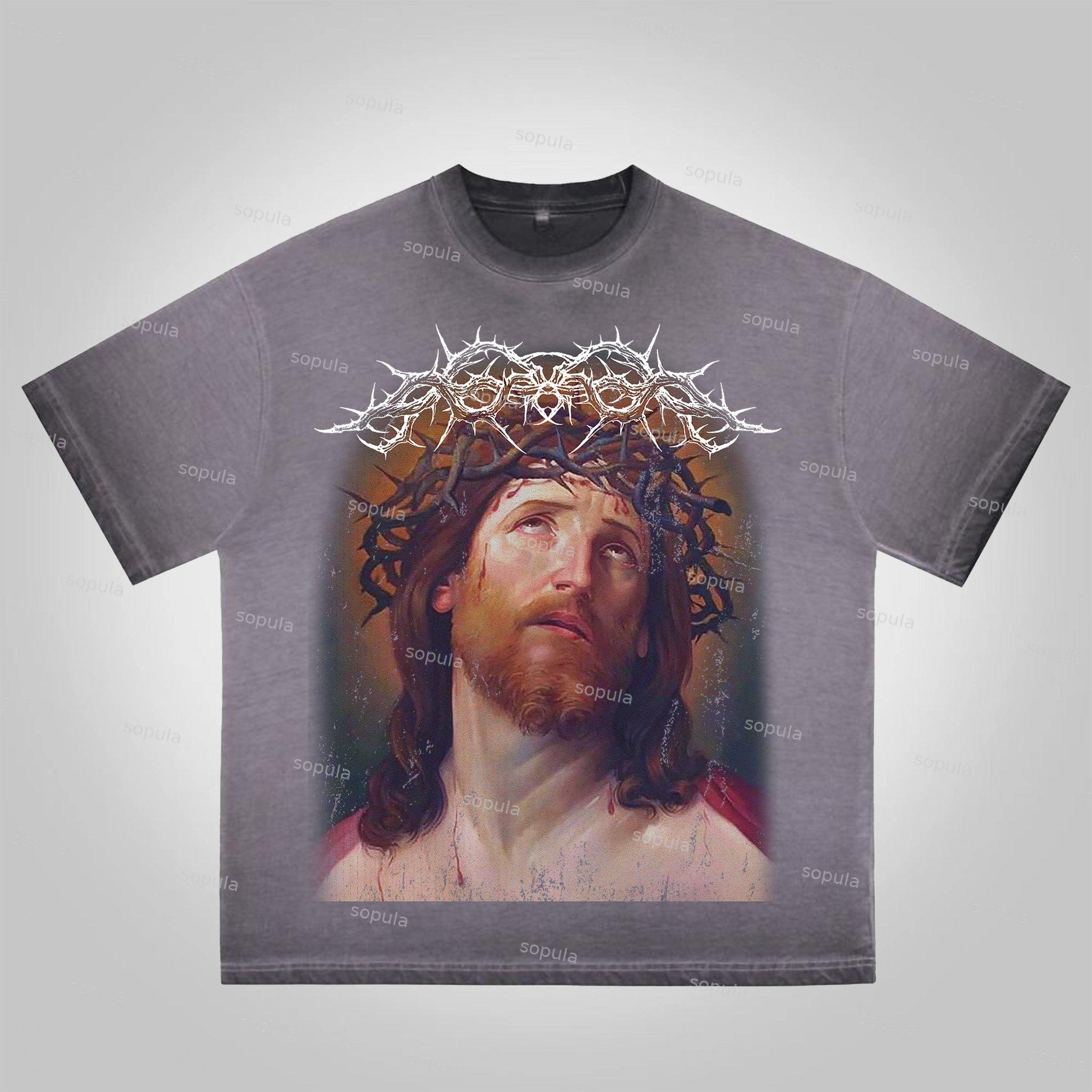 Sopula Vintage Jesus Portrait Graphic Bible Print Washed Cotton T-Shirt Product Image