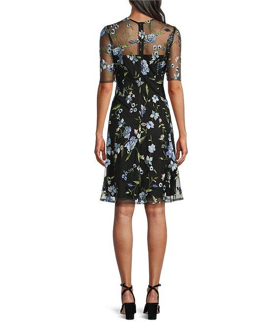 Jessica Howard Crew Neck Elbow Sleeve Floral Embroidered Fit-and-Flare Dress Product Image