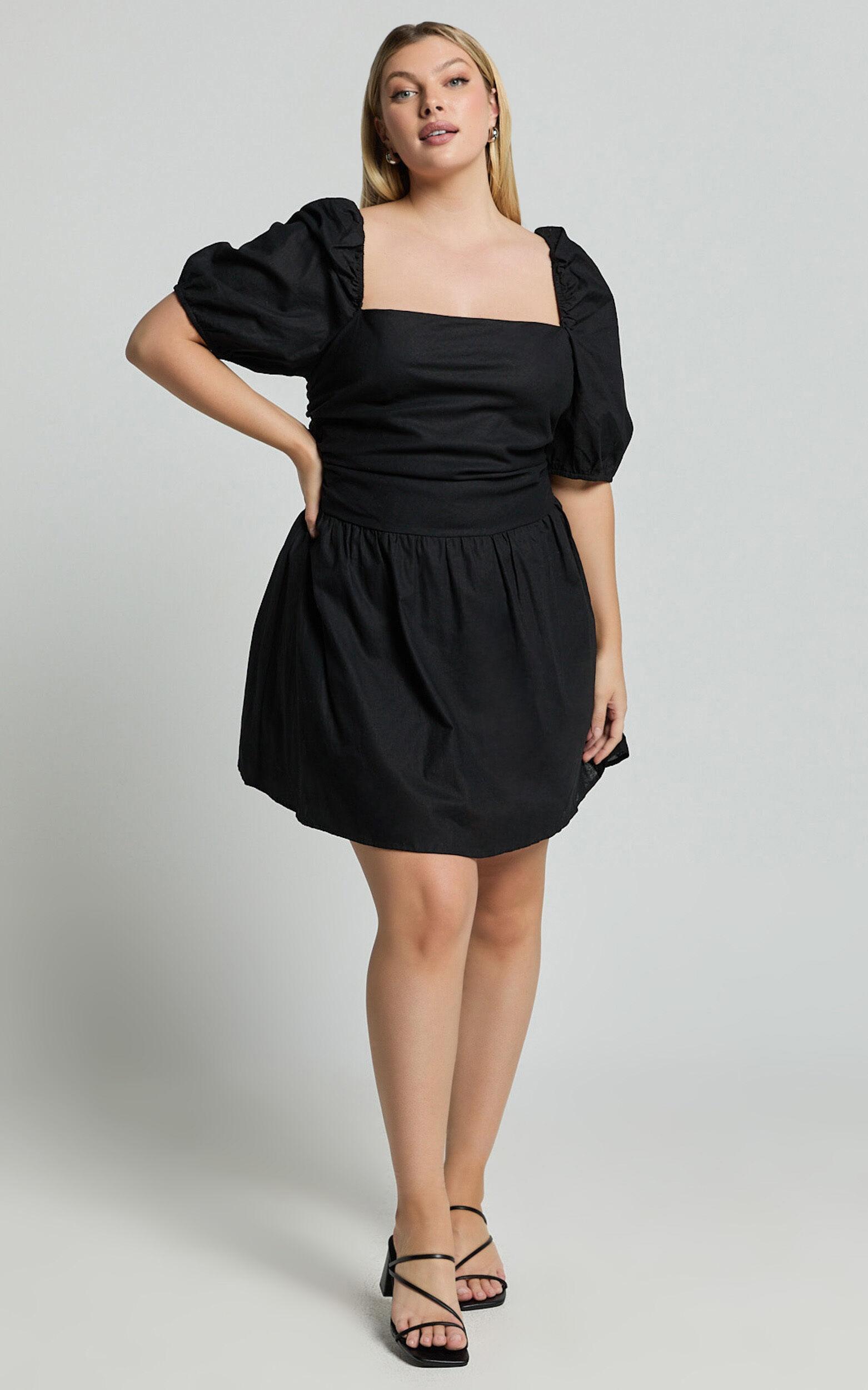 Claudina Mini Dress - Linen Look Puff Sleeve Ruched Bodice Dress in Black Product Image