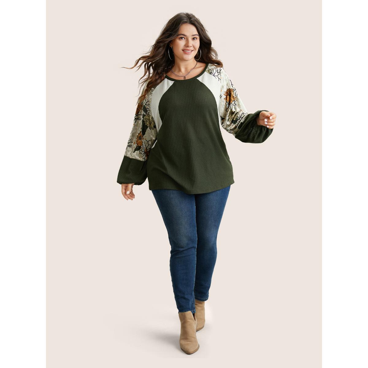Plus Size Waffle Knit Patchwork Floral Print T-shirt ArmyGreen Women Casual Velvet Floral Round Neck Everyday T-shirts BloomChic 10/M Product Image