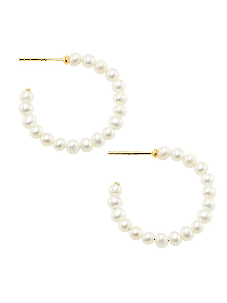 Womens 14K Yellow Gold & Cultured Freshwater Pearl Hoop Earrings Product Image