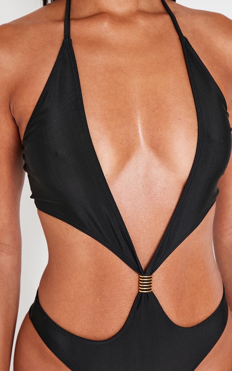 Black Extreme Cut Out Gold Trim Halter Tie Swimsuit Product Image