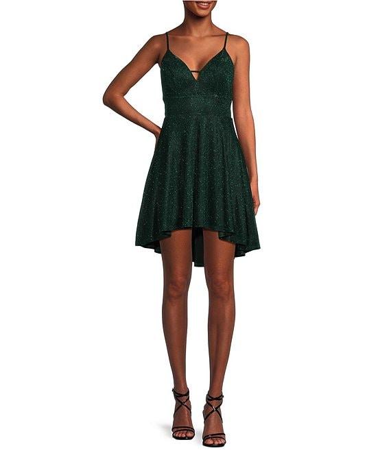 City Vibe Spaghetti Strap Glitter Lace Hi-Low Bodice Skirt Dress Product Image