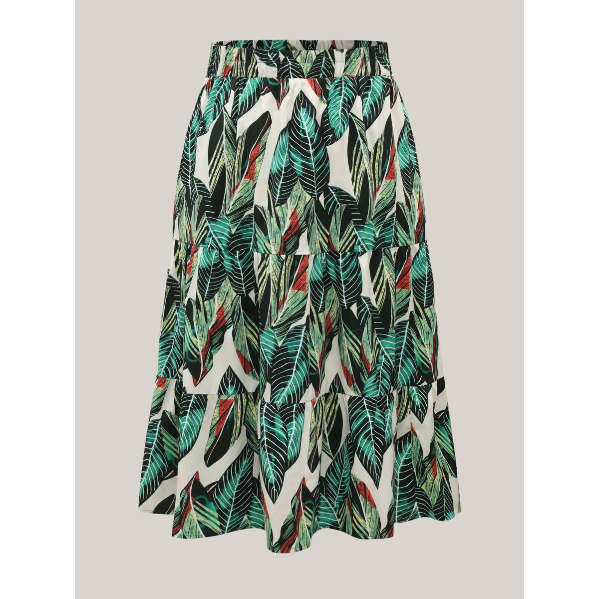 Plus Size Tropical Floral Pattern Tiered Midi Skirt Women Emerald Elegant Bodycon Low stretch Side seam pocket Belt Everyday Skirts BloomChic 26/4X Product Image