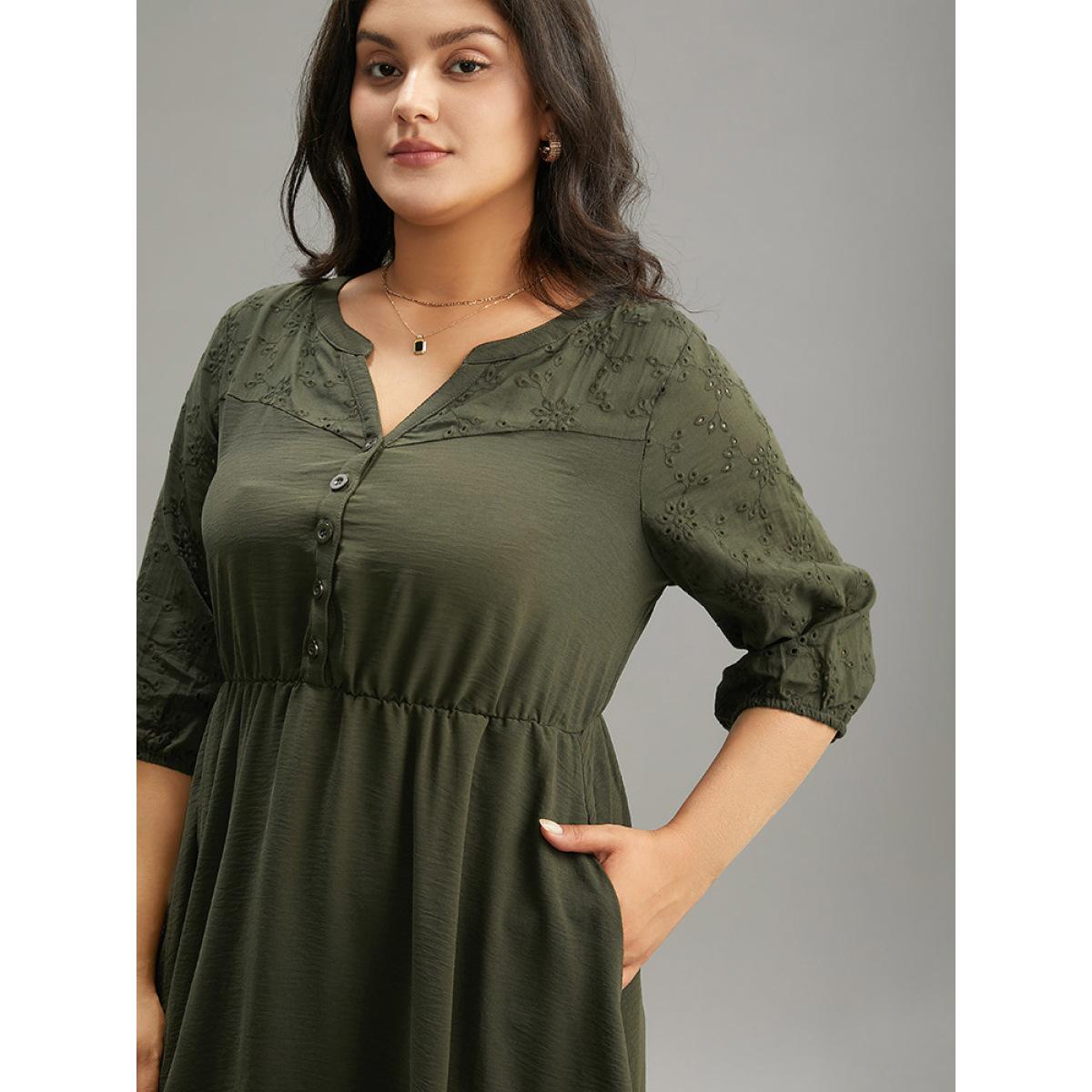 Plus Size Solid Notched Eyelet Patchwork Dress ArmyGreen Women Office Elastic cuffs Notched collar Elbow-length sleeve Curvy Midi Dress BloomChic 10/M Product Image