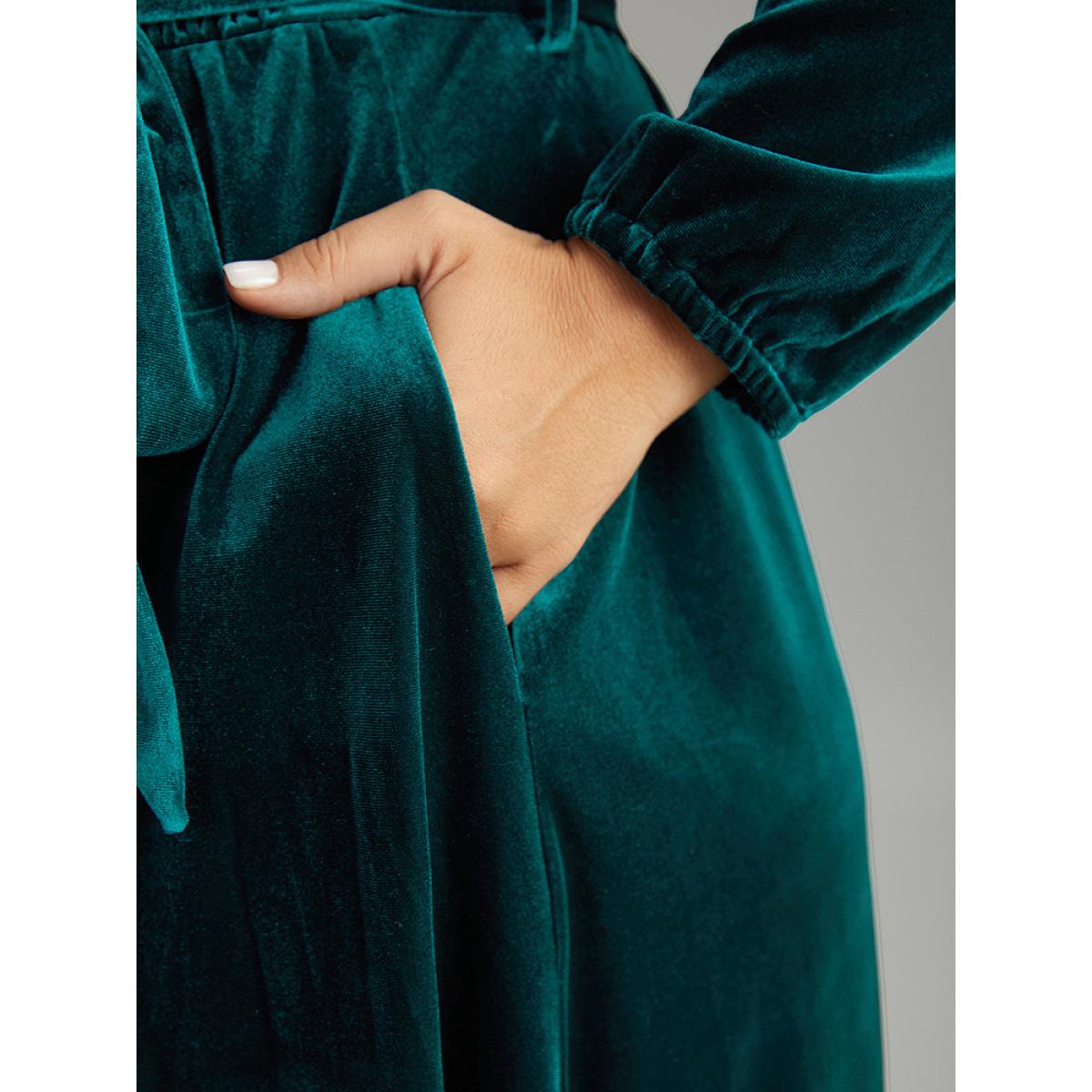 Plus Size Solid Velvet Belted Wrap Arc Hem Dress Cyan Women Timeless Elastic cuffs Overlap Collar Long Sleeve Curvy Midi Dress BloomChic 26/4X Product Image