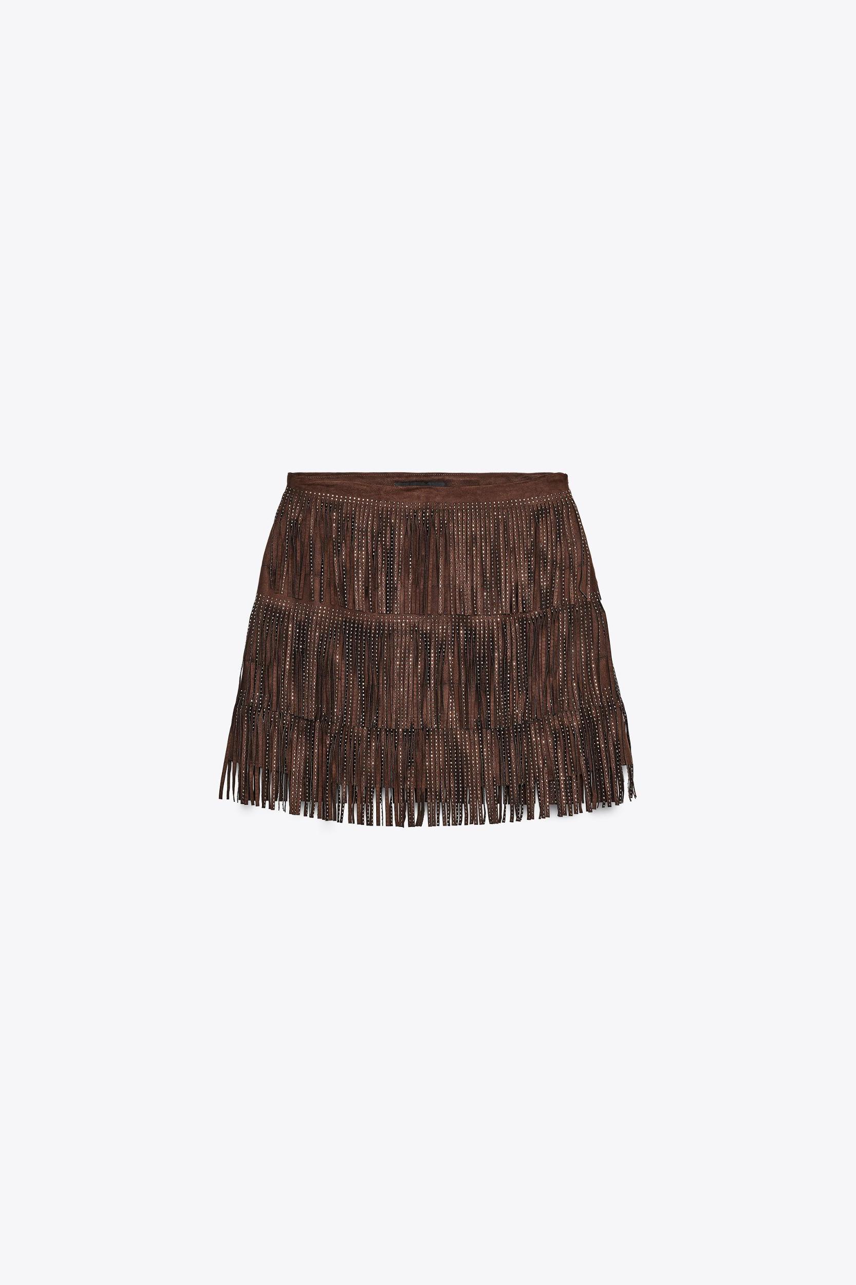 SHIMMERING FAUX SUEDE FRINGE SKIRT Product Image