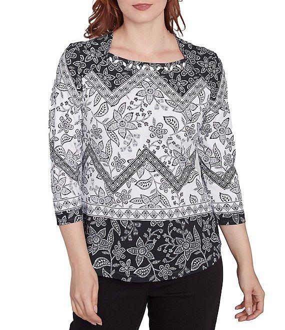 Ruby Rd. Cotton Mixed Print Square Neck 3/4 Sleeve Top Product Image