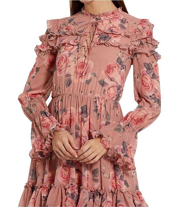 Mac Duggal Mock Neck Lace Up Front Long Sleeve Tiered Ruffle Floral Print Chiffon Midi Dress Product Image