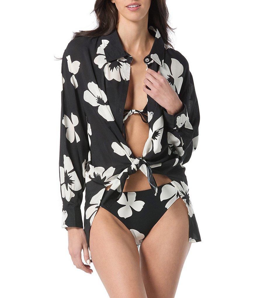 Vince Camuto Floral Collared Long Sleeve Tie Front Swim Cover-Up Shirt Product Image