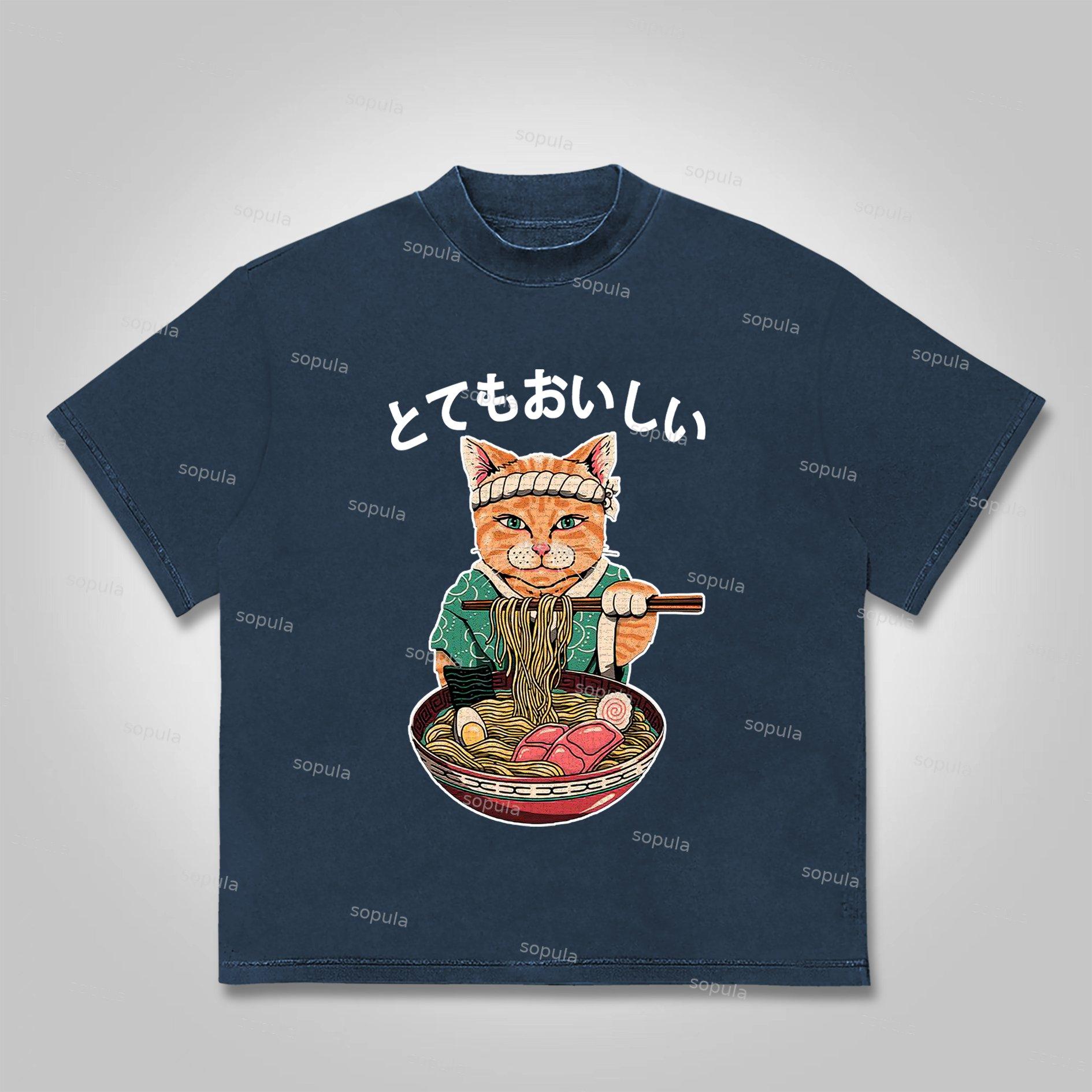 Sopula Cats Eat Ramen Noodles Print Cotton T-Shirt Product Image