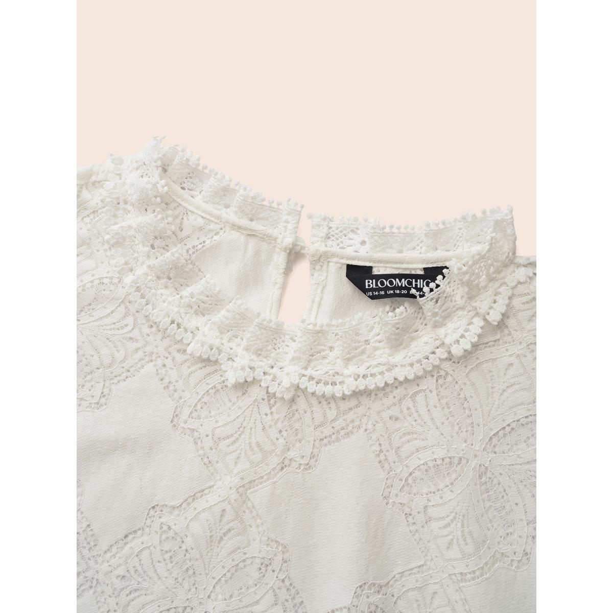 Plus Size Ivory Lace Panel Mesh Stand Collar Blouse Women Elegant Long Sleeve Stand-up collar Everyday Blouses BloomChic 14-16/1X Product Image