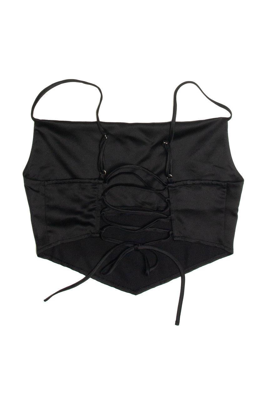 Black Lace Up Back Satin Crop Top Product Image