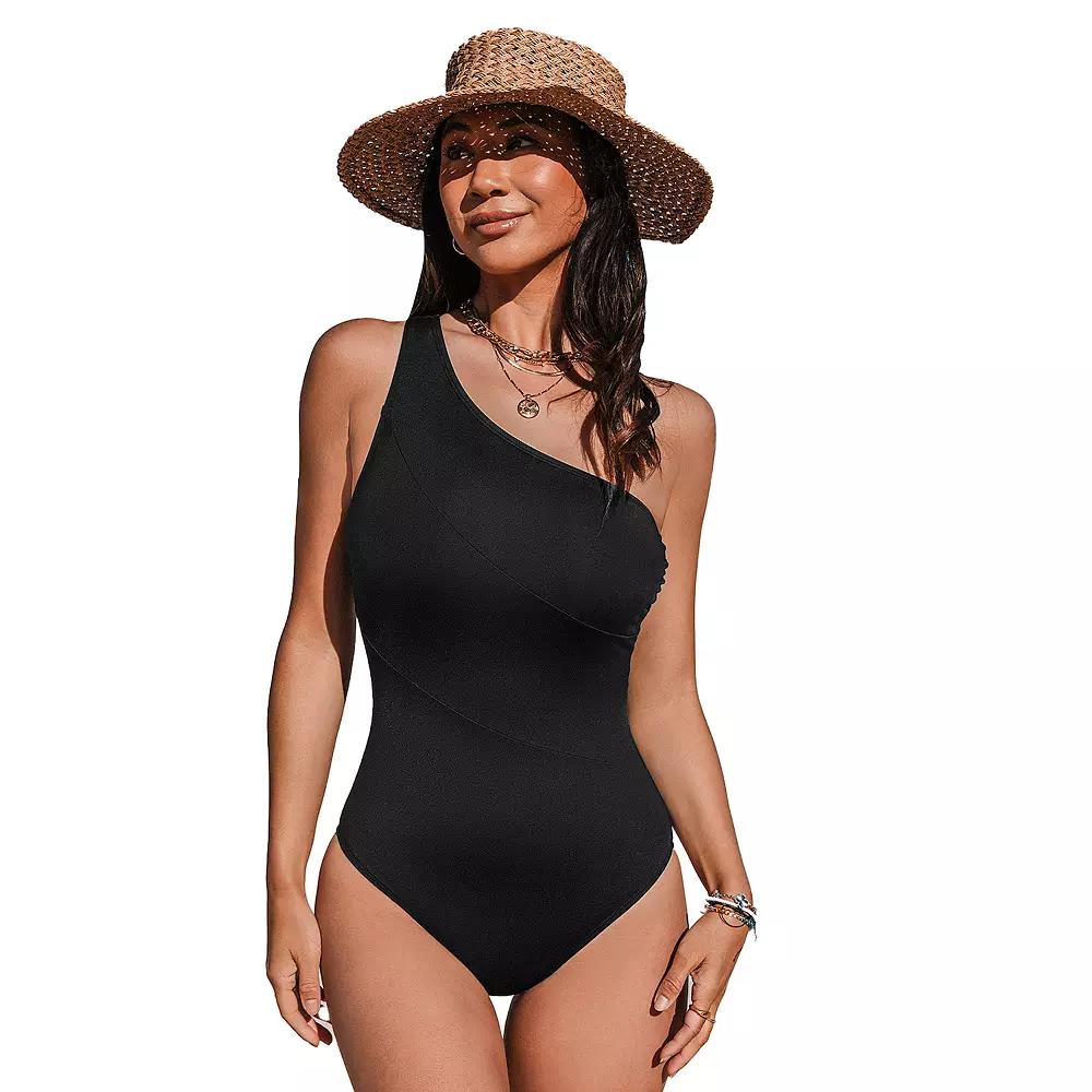 Women's Cupshe Reverie Land One Shoulder Slim & Sculpt One Piece Swimsuit, Size: Medium, Black Product Image