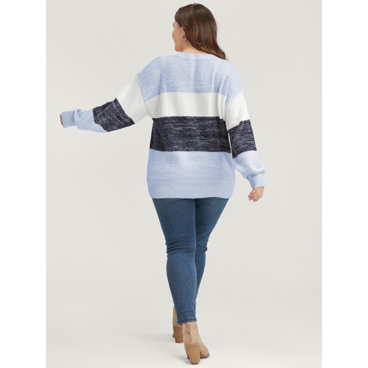 Plus Size Colorblock Contrast Super Soft Plush Knit V Neck Pullover LightBlue Women Elegant Loose Long Sleeve V-neck Dailywear Pullovers BloomChic 26/4X Product Image