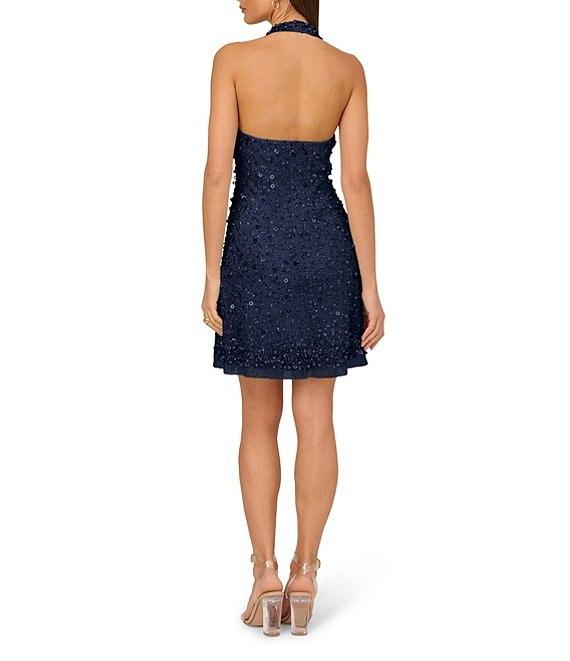 Adrianna by Adrianna Papell Beaded Mesh Halter Mock Neck Sleeveless Open Back Mini Dress Product Image