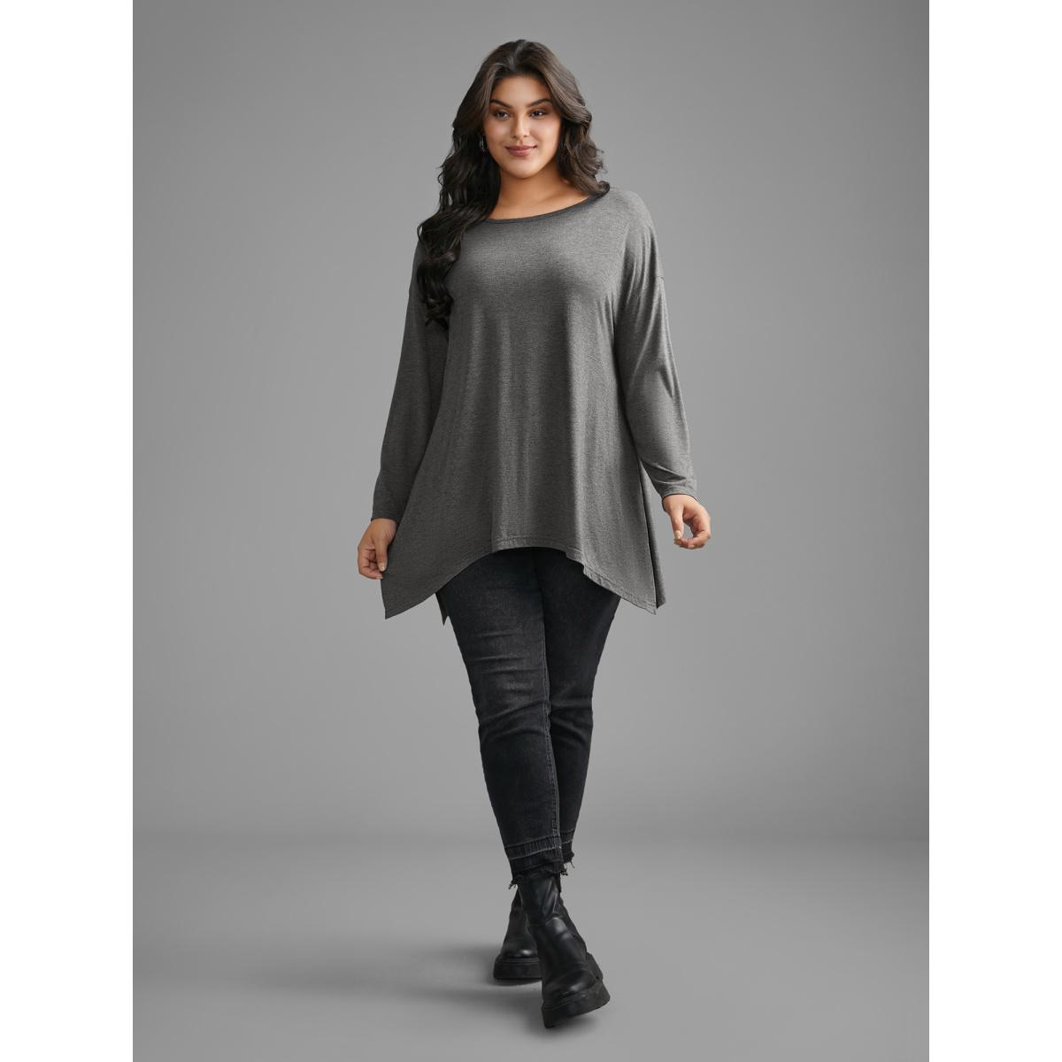 Plus Size Plain Boat Neck Asymmetrical Hem T-shirt DarkGray Women Casual Asymmetrical Boat Neck Loose Everyday T-shirts BloomChic 12/L Product Image