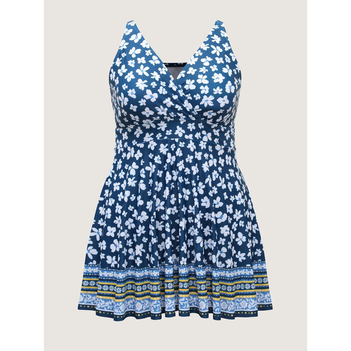Plus Size Floral Print Contrast Swim Dress Women's Swimwear Indigo Resort Bodycon Overlap Collar High stretch Curve Swim Dresses BloomChic 30/6X Product Image