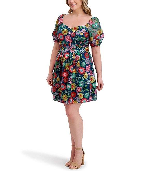 Kensie Plus Size Floral Embriodered Mesh Square Neck Short Puff Sleeve A-Line Dress Product Image