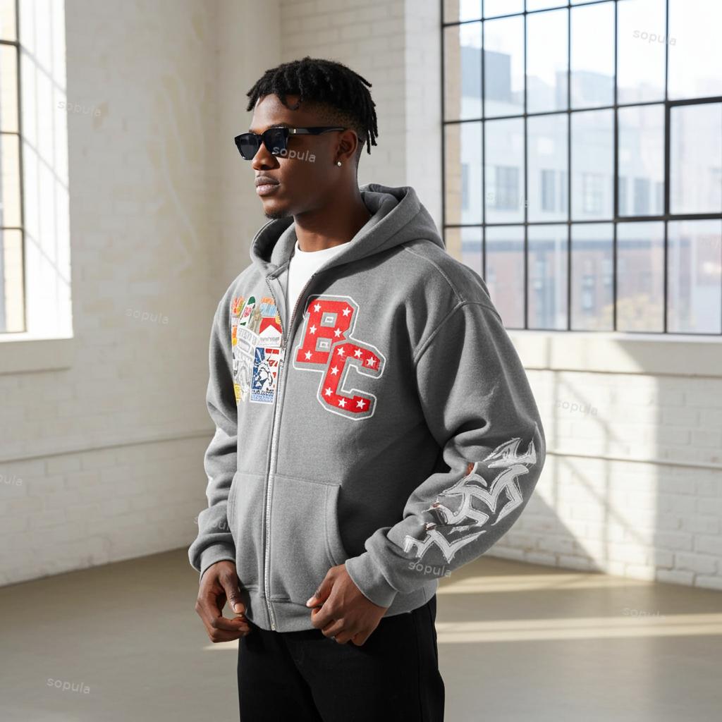 Men's Oversized Relaxed Graphic Vintage Washed Zip-Up Hoodie Product Image