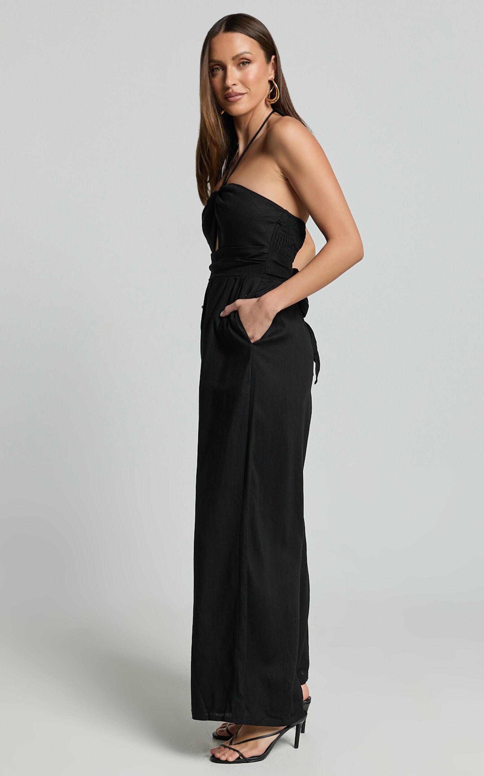 Isla Jumpsuit - Linen Halter Neck Jumpsuit in Black Product Image