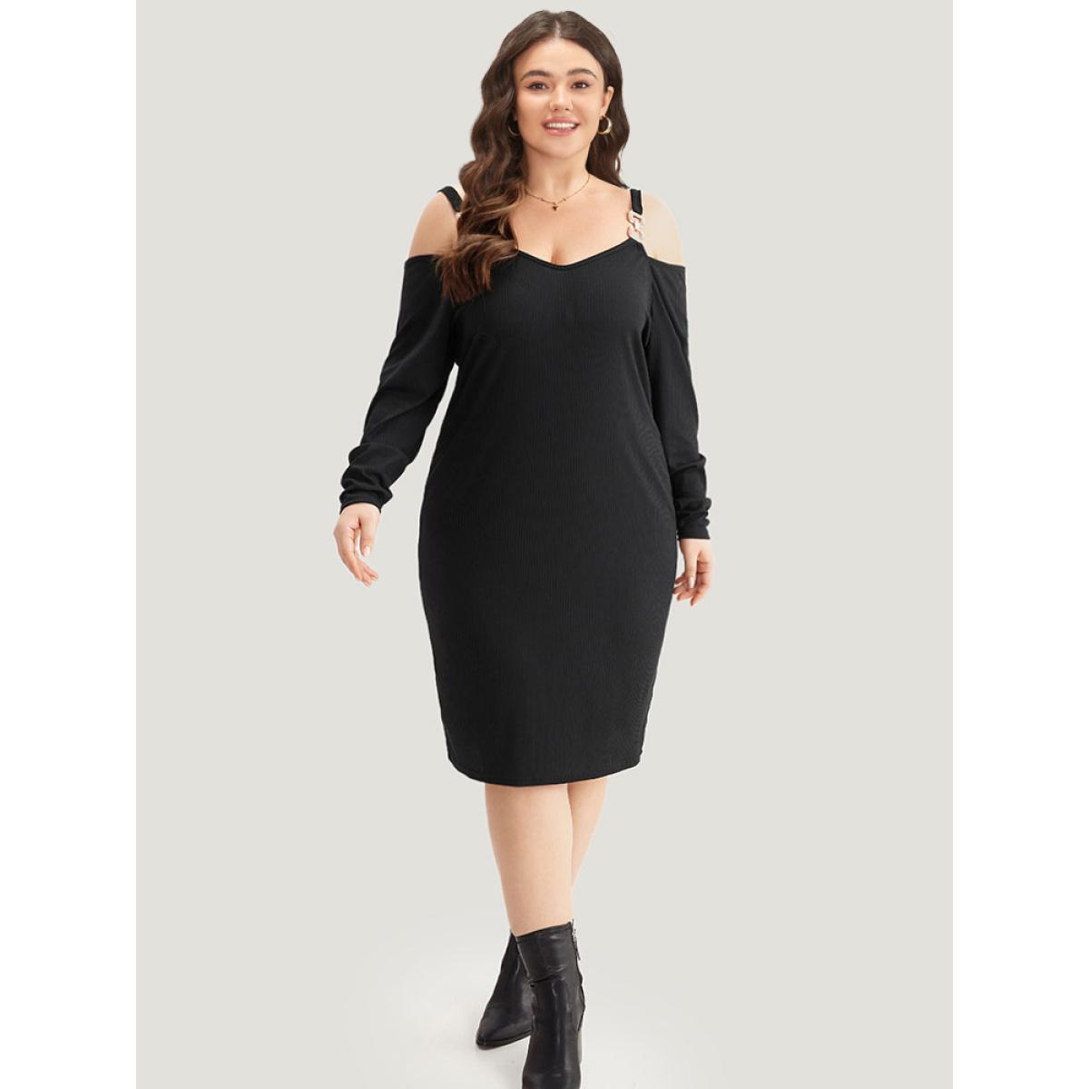 Plus Size Plain Rib Knit Metal Detail Cami Dress Black Women Casual Texture Spaghetti Strap Long Sleeve Curvy Knee Dress BloomChic 12/L Product Image