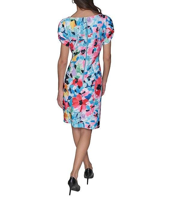 KARL LAGERFELD PARIS Scuba Floral Print Crew Neck Short Sleeve Sheath Dress Product Image