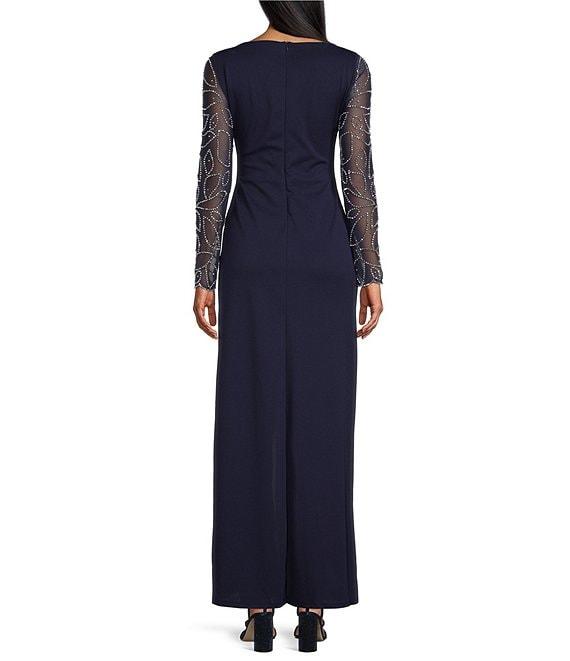 Marina Stretch Crepe Long Beaded Sleeve Round Neck Walk Thru Jumpsuit Product Image