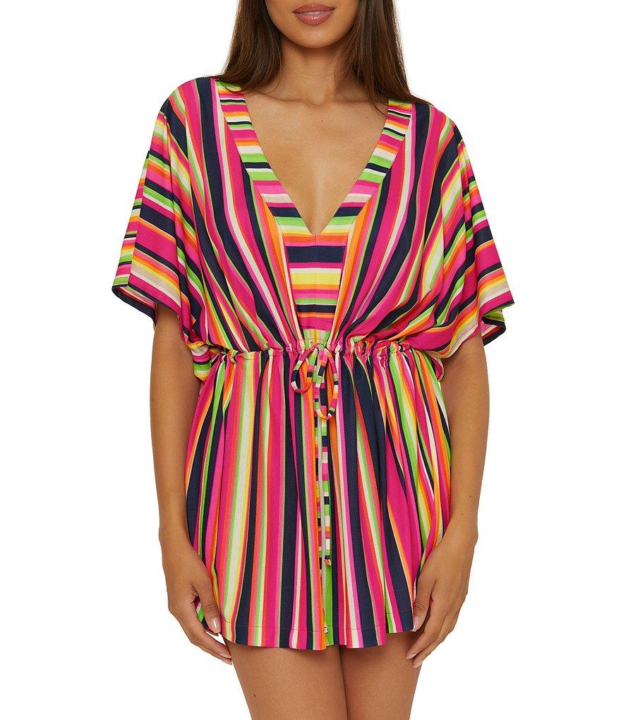 Trina Turk Anniversary Stripe V-Neck Cinched Drawcord Waist Tunic Swim Cover-Up Product Image