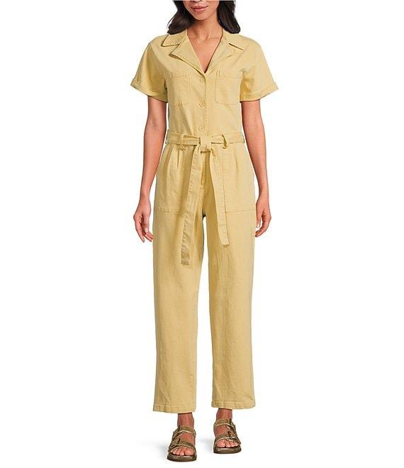 Skies Are Blue Washed Notch Collar Cuffed Short Sleeve Button Front Belted Utility Flight Suit Product Image