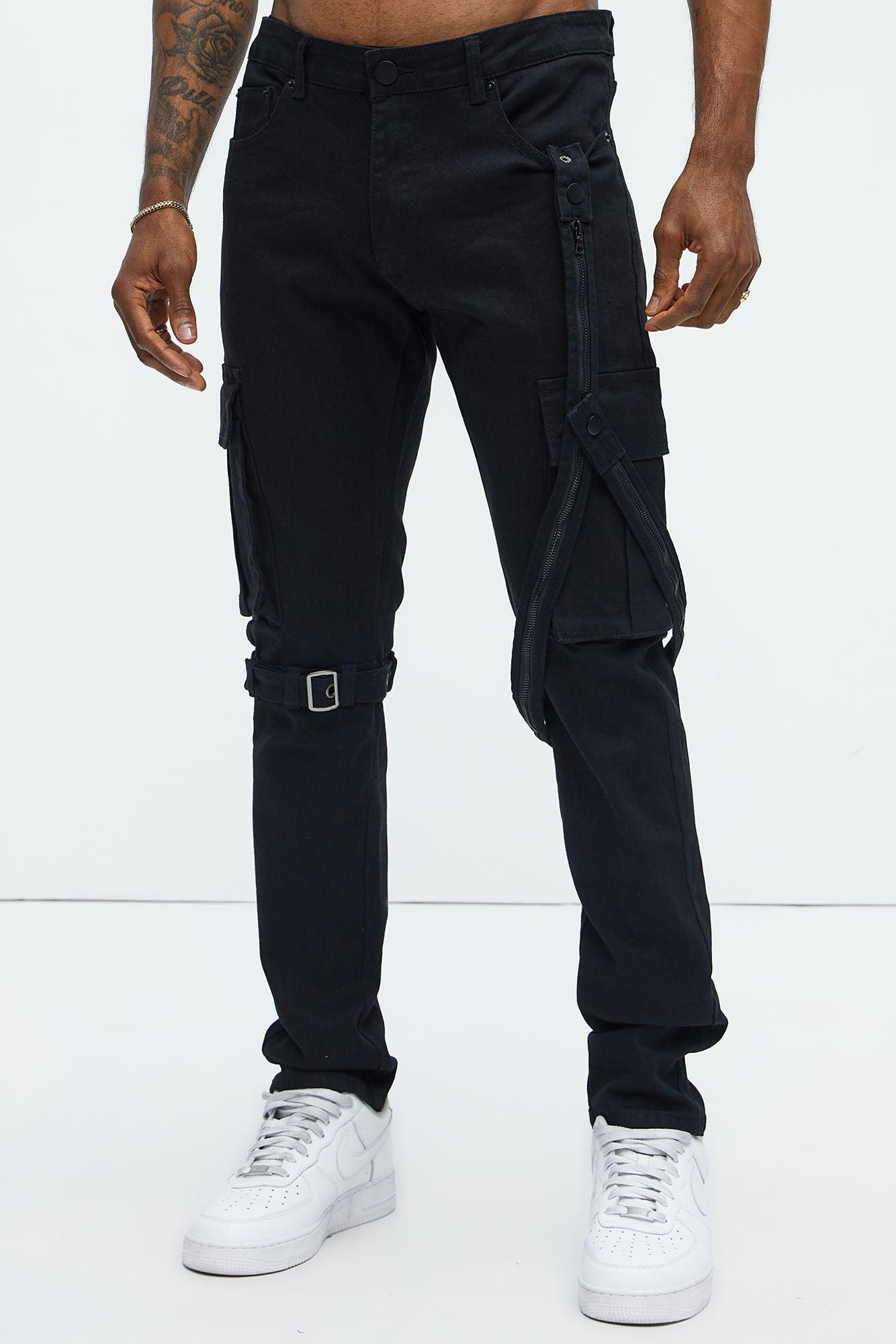 Buckle And Strap Stacked Skinny Jeans - Black Product Image