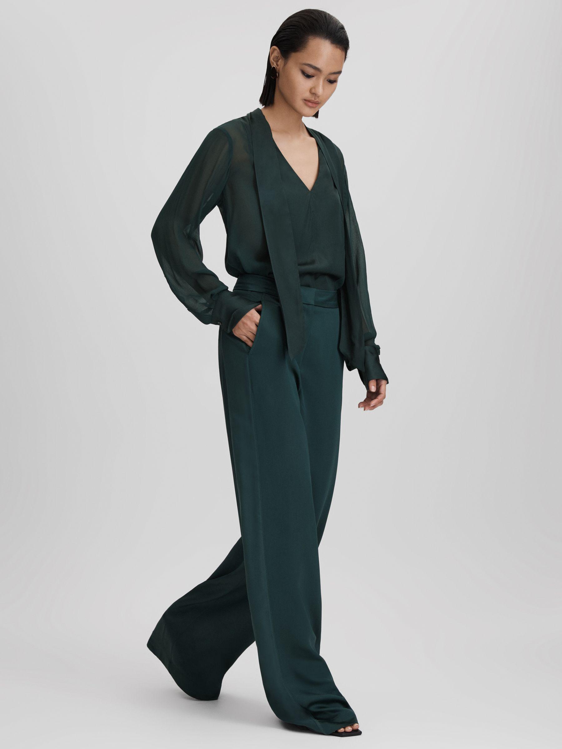 Satin Wide Leg Trousers in Green Product Image