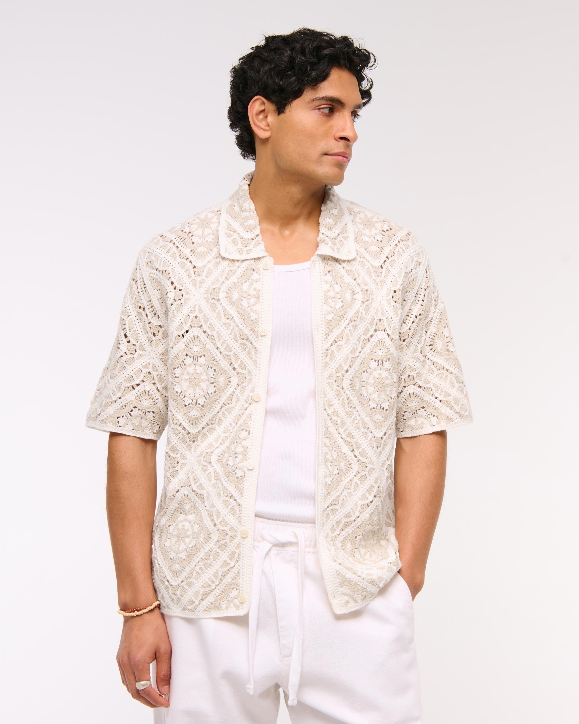 Crochet-Style Border Stripe Button-Through Sweater Polo Product Image
