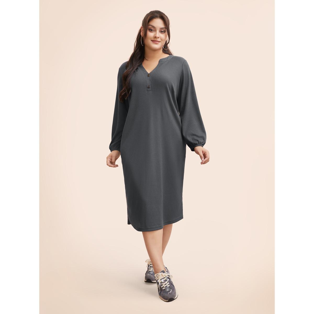 Plus Size Notched Waffle Knit Button Detail Dress DarkGray Women Casual Texture Notched collar Long Sleeve Curvy BloomChic 14-16/1X Product Image