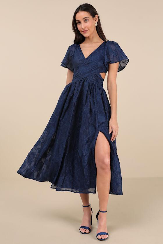 Hilly Navy Floral Jacquard Lace-Up Midi Dress Product Image