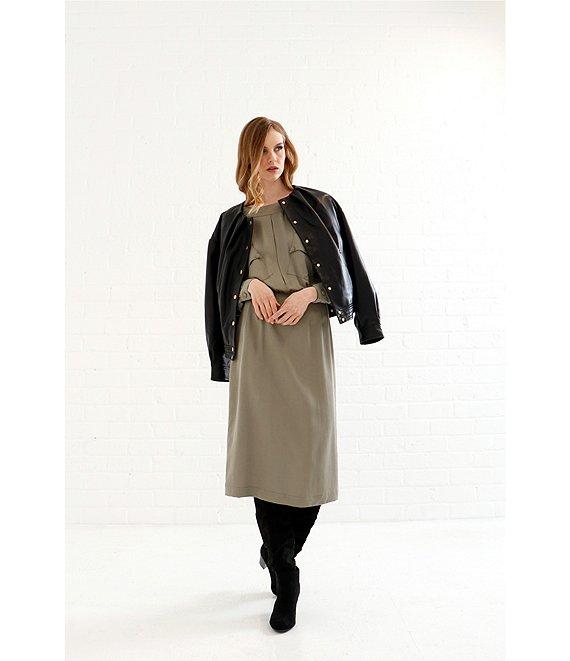 Le' AL.X Woven Boat Neck Long Dolman Blouson Sleeve Keyhole Pleat Sheath Midi Dress Product Image