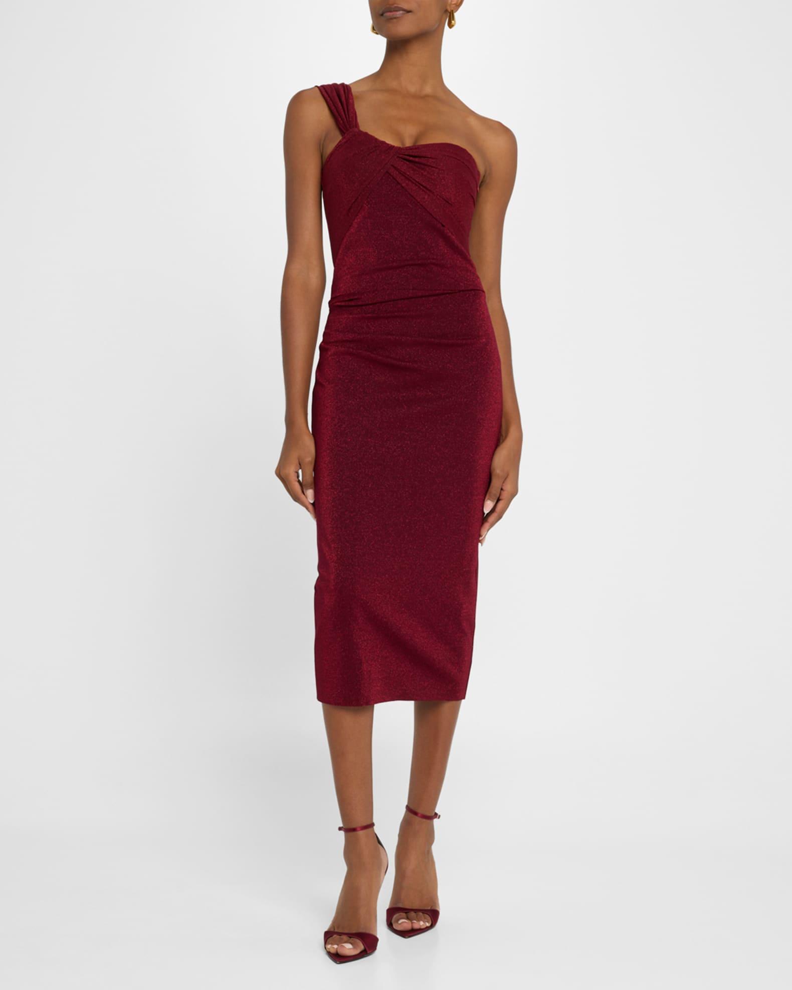 One-Shoulder Shimmer Bodycon Midi Dress Product Image