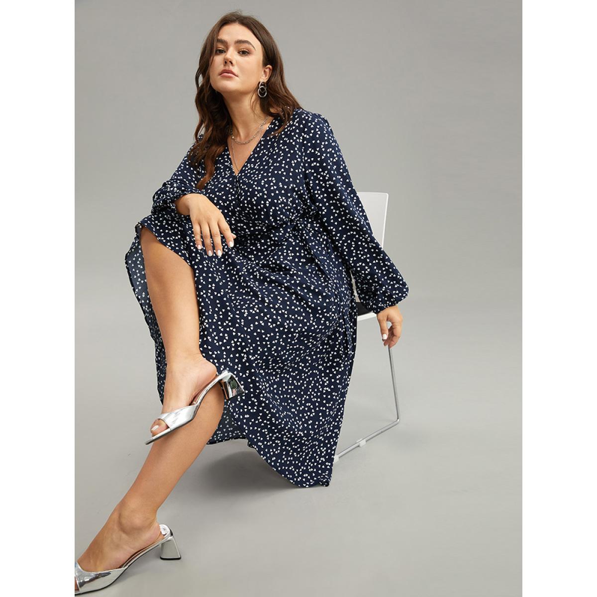 Plus Size Heart Print Belted Surplice Neck Dress DarkBlue Women Elegant Elastic cuffs V-neck Long Sleeve Curvy Midi Dress BloomChic 30/6X Product Image
