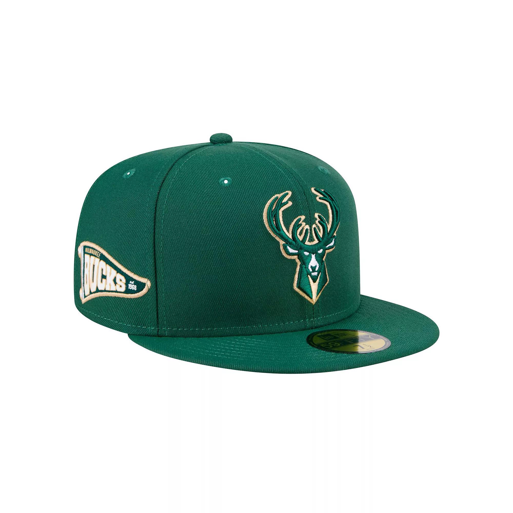 Men's New Era Hunter Green Milwaukee Bucks Throwback Pennant 59FIFTY Fitted Hat,  Product Image