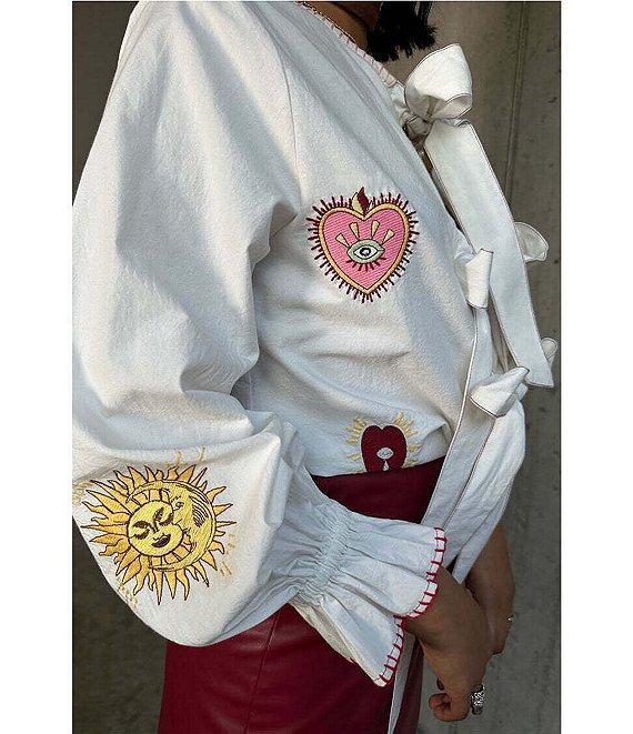 Never Fully Dressed Embroidered Mystical Motif Crew Neck Long Sleeve Tie Front Top Product Image