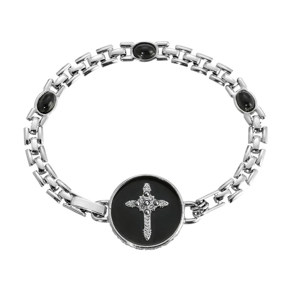 Symbols of Faith Round Black Enamel Cross Link Bracelet, Womens Product Image