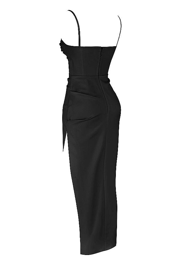 Flora  black satin pleated corset midi dress Product Image