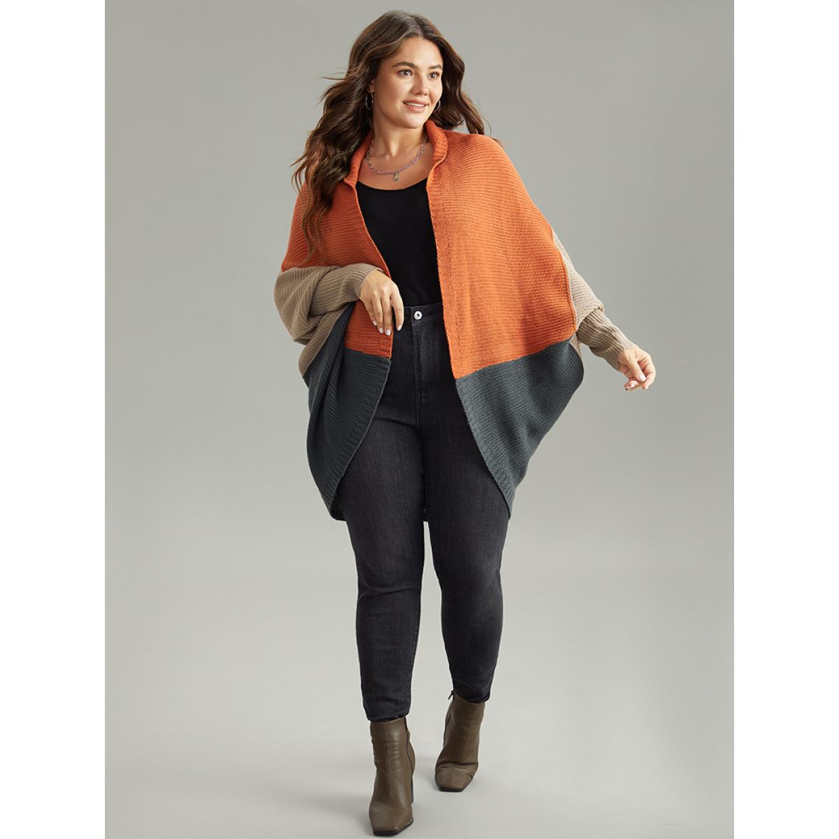 Plus Size Colorblock Batwing Sleeve Patchwork Cardigan Multicolor Women Casual Loose Long Sleeve Everyday Cardigans BloomChic 26/4X Product Image