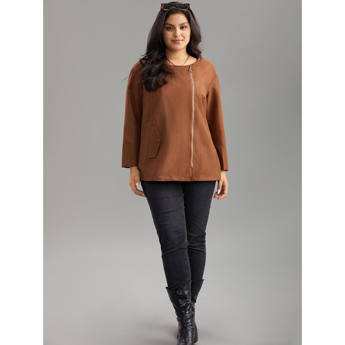 Plus Size Plain Asymmetrical Neck Zipper Jacket Women Chocolate Zipper Dailywear Jackets BloomChic 22-24/3X Product Image