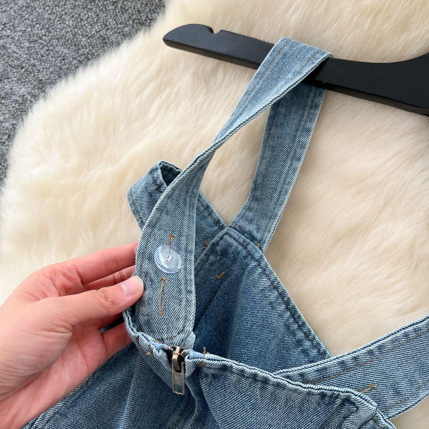 Sleeveless Buttoned Denim Wide Leg Jumpsuit Product Image