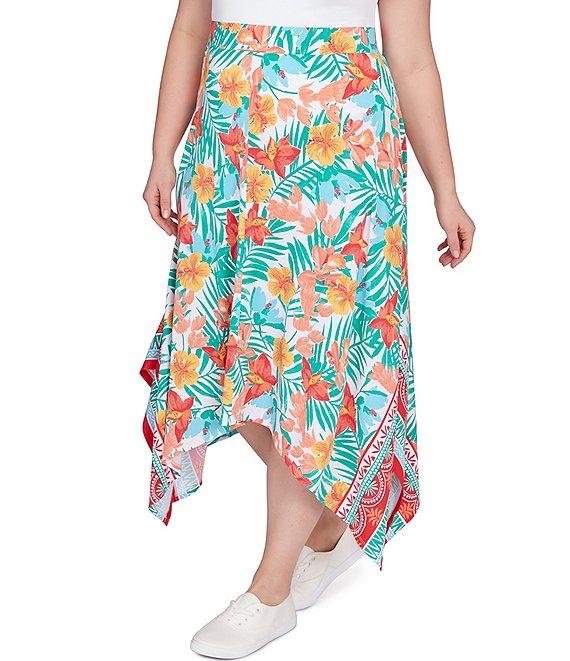 Ruby Rd. Plus Size Crepe Knit Tropical Geo Print Elastic Waist Asymmetrical Hem Midi Pull-On A-Line Skirt Product Image