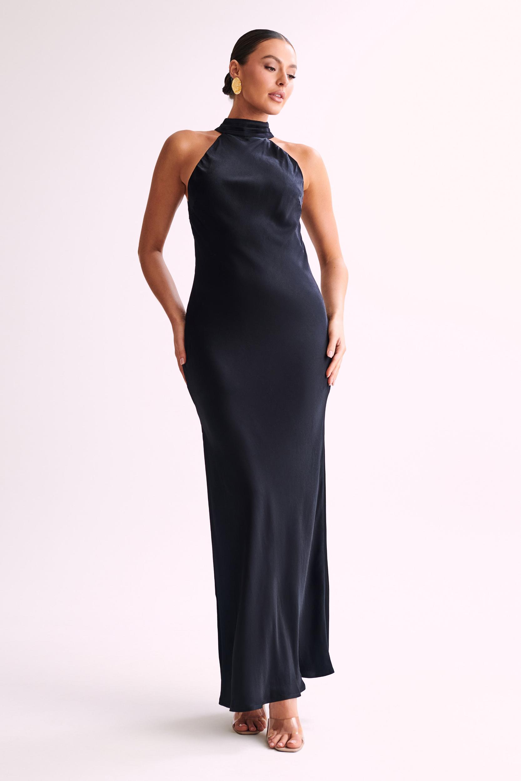 Claire Satin Drape Back Maxi Dress with Split - Black Product Image