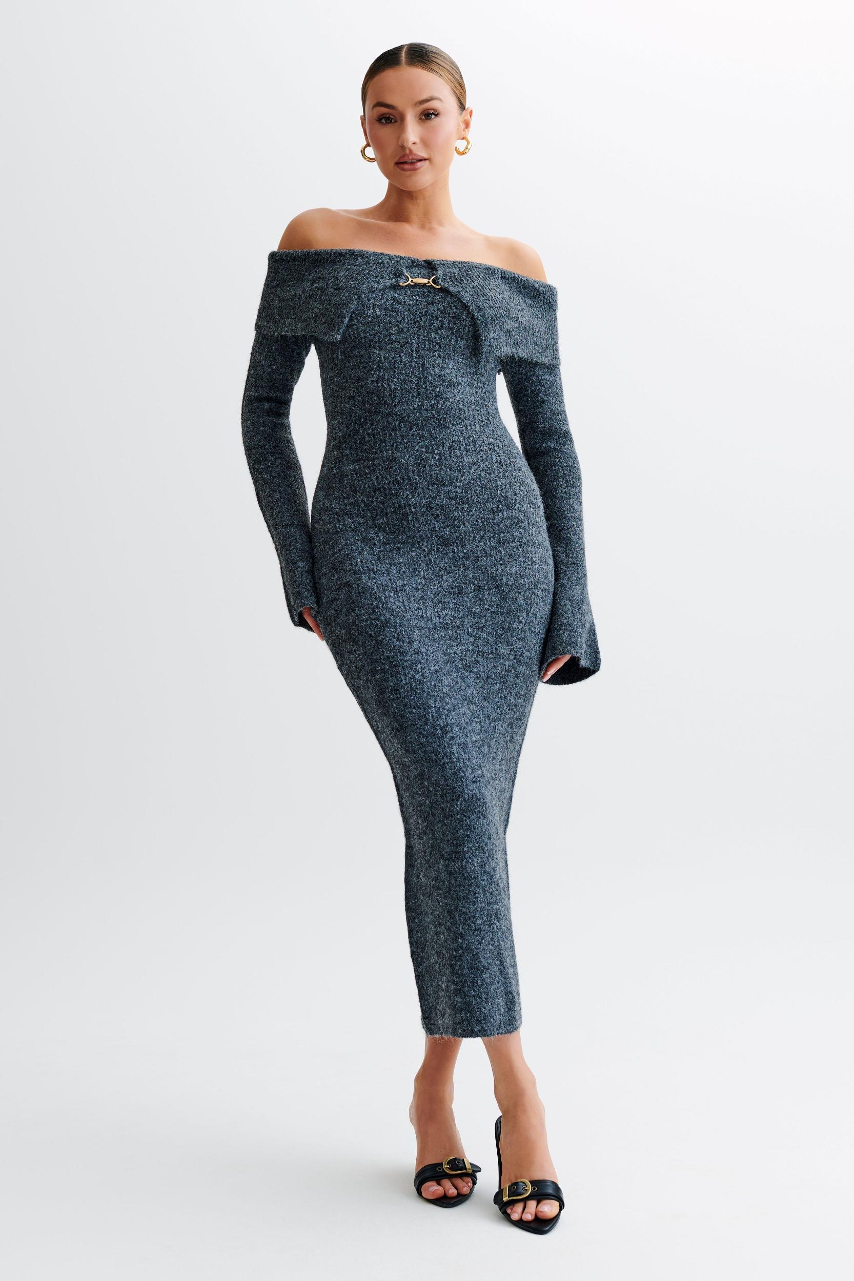 Baxter Off Shoulder Fluffy Knit Midi Dress - Charcoal Product Image