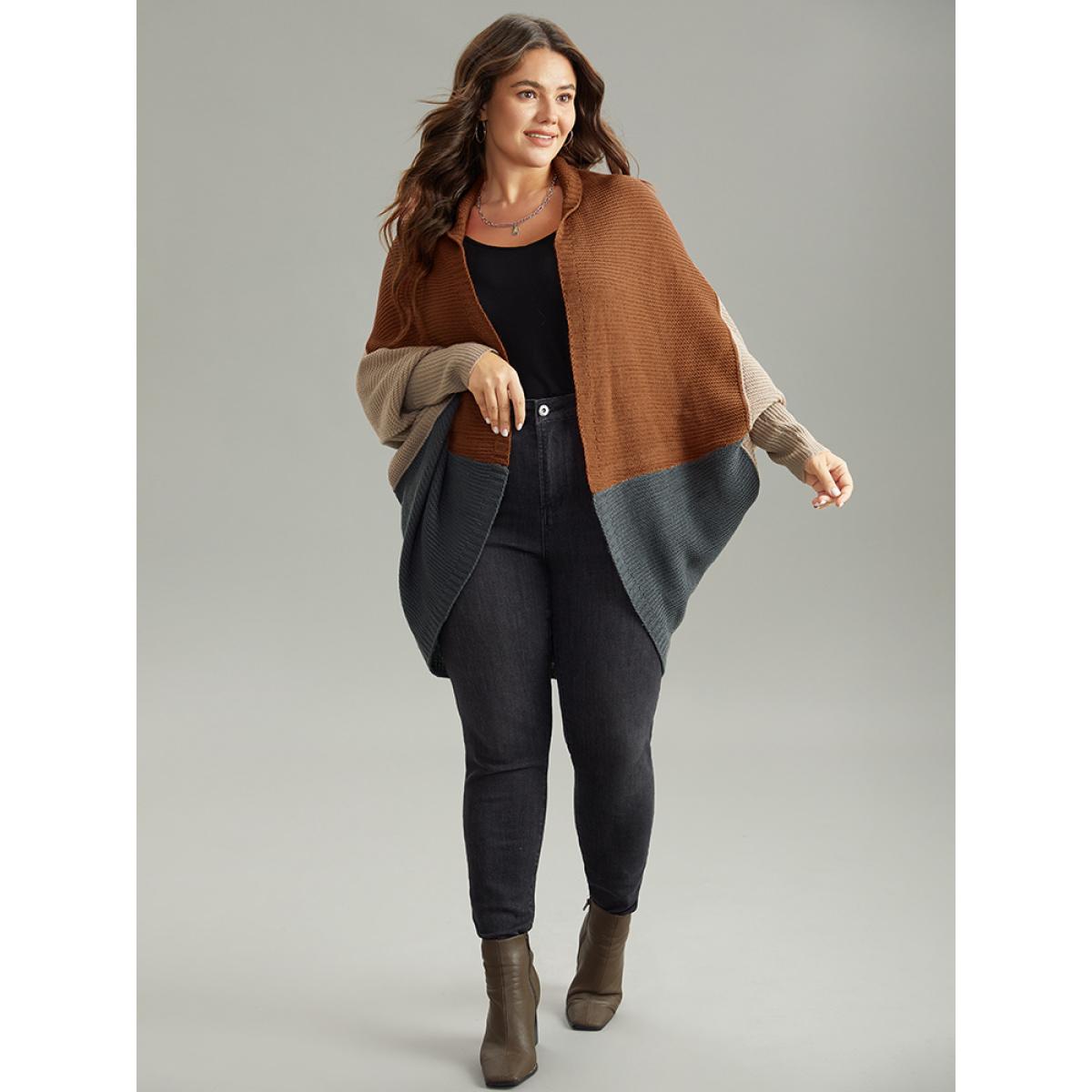 Plus Size Colorblock Batwing Sleeve Patchwork Cardigan DarkBrown Women Casual Loose Long Sleeve Everyday Cardigans BloomChic 22-24/3X Product Image