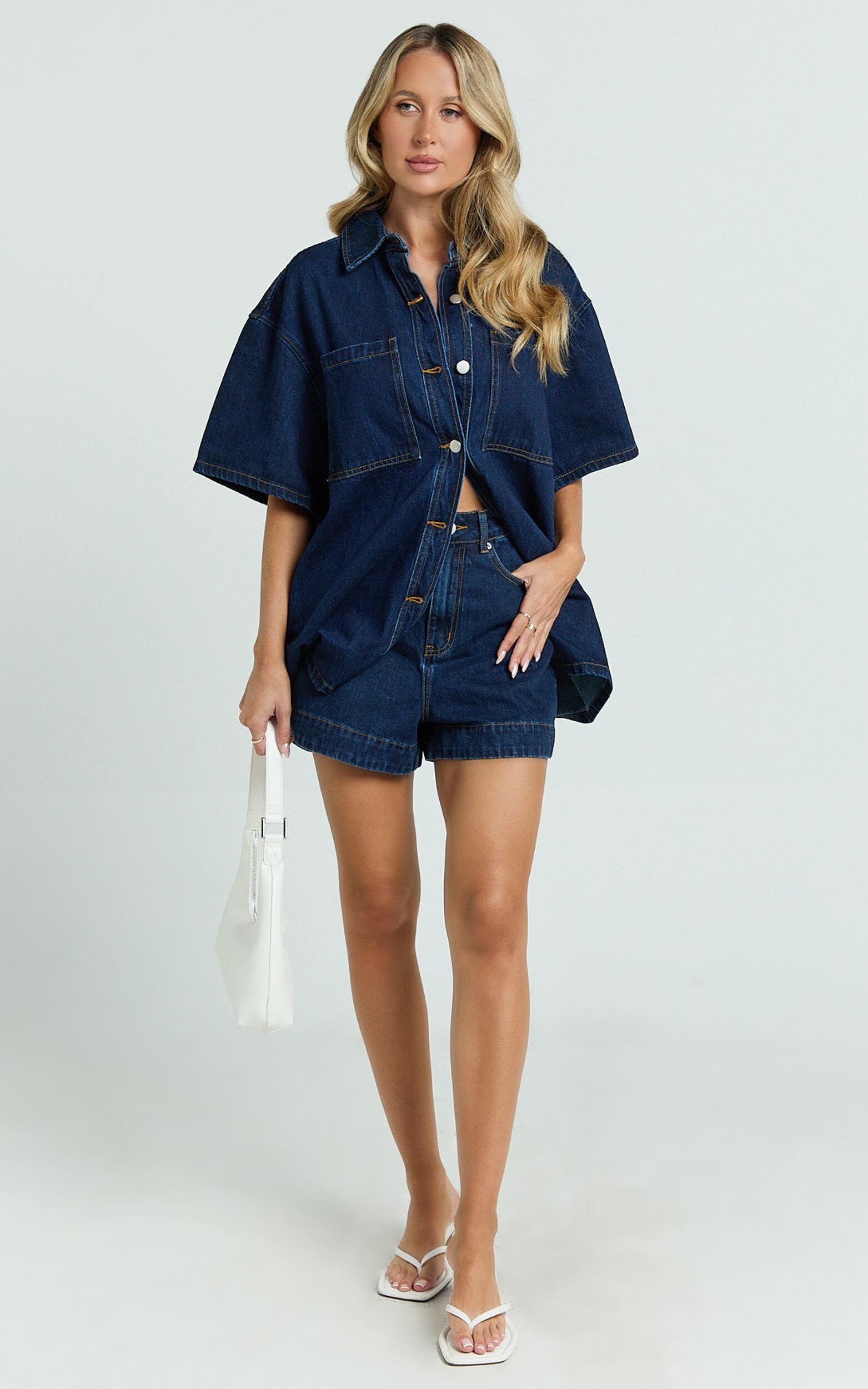 Rhianna Shorts - Mid Waist Recycled Denim Shorts in Indigo Wash Product Image